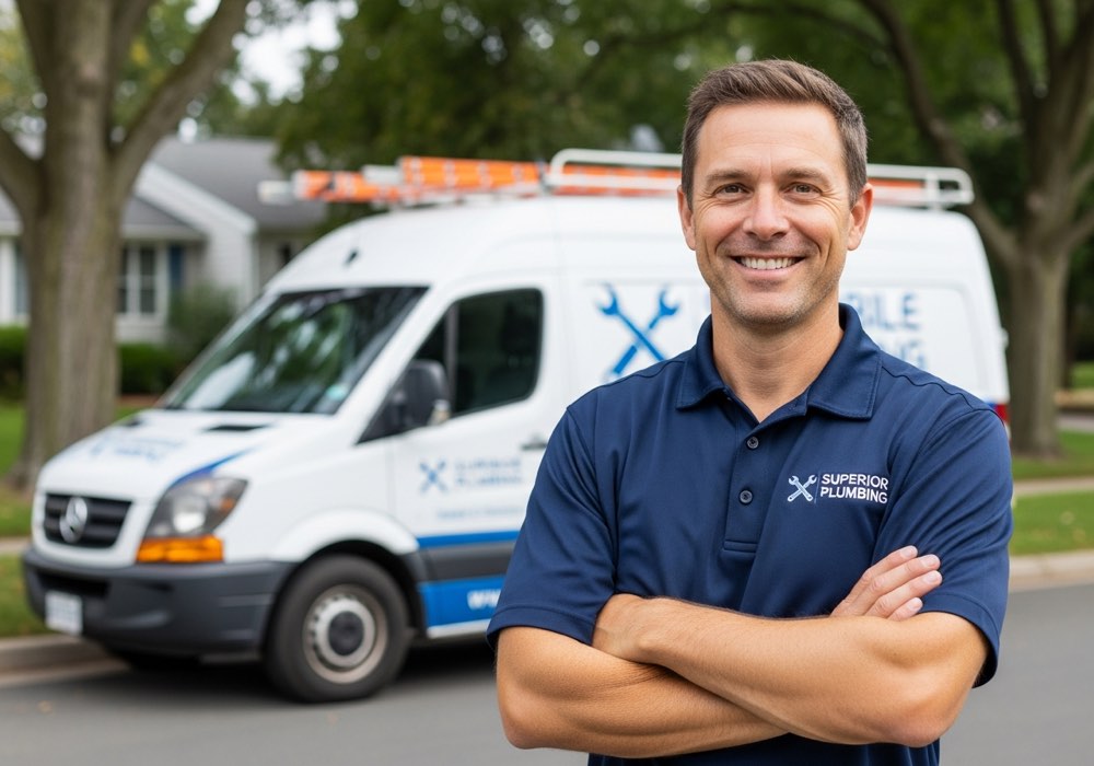 Plumbing company owner smiling with arms crossed in front of his branded service van
